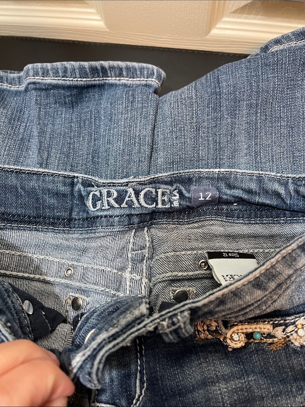 Grace in LA Blue Embroidered Flare Jeans with Rhinestone Cross Pockets - Picture 8 of 10